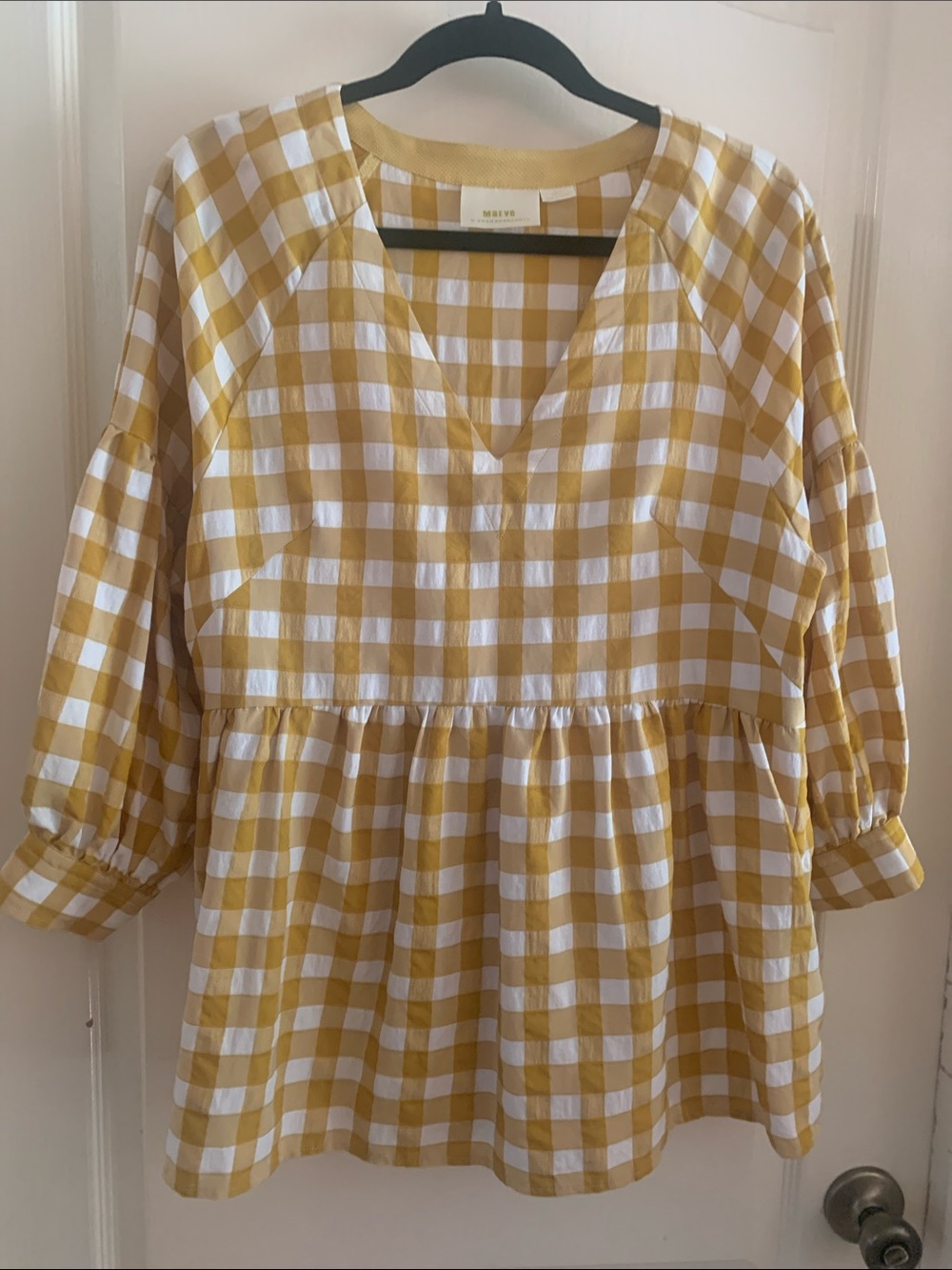 Mauve by Anthropologie Yellow and White Gingham Peplum Top